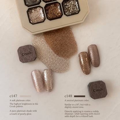 Champagne and rose-gold nail color gel shade chart with glitter swatches