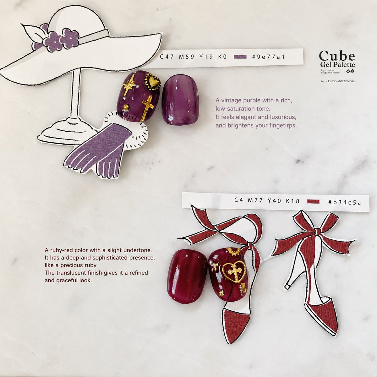 Plum and burgundy soft gel swatches with gold accents on a fashion board