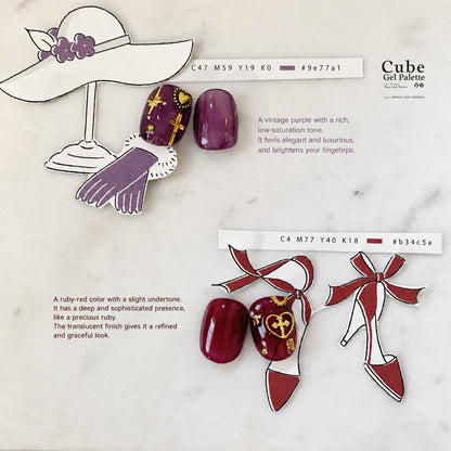 Plum and burgundy soft gel swatches with gold accents on a fashion board