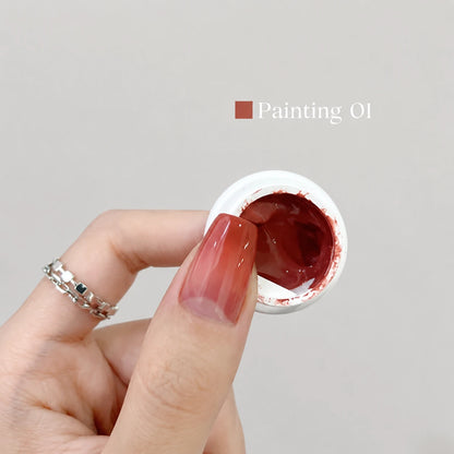 YHH Patting Painting Chrome-Rubbable Pot Gel 5g, shade P01 – deep reddish-brown gel in an open pot beside a painted nail.
