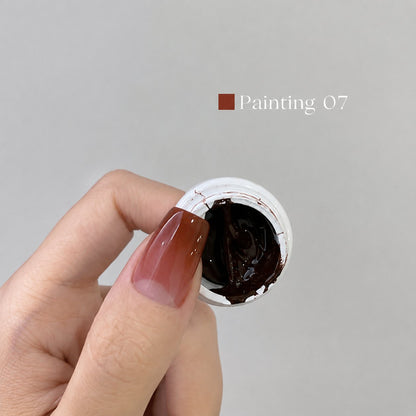 YHH Patting Painting Chrome-Rubbable Pot Gel 5g, shade P07 – near-black brown gel in an open pot beside a painted nail.