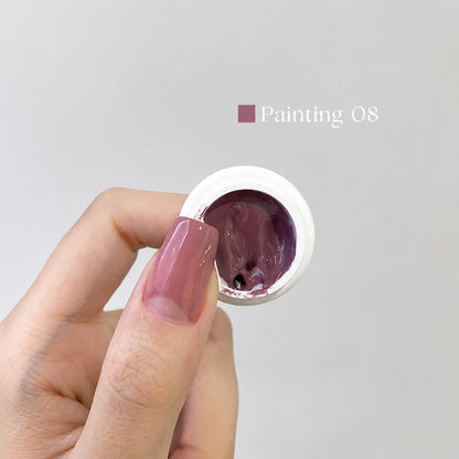 YHH Patting Painting Chrome-Rubbable Pot Gel 5g, shade P08 – muted mauve gel in an open pot beside a painted nail.