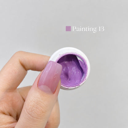 YHH Patting Painting Chrome-Rubbable Pot Gel 5g, shade P13 – lavender-purple gel in an open pot beside a painted nail.