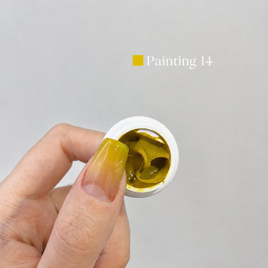 YHH Patting Painting Chrome-Rubbable Pot Gel 5g, shade P14 – mustard-yellow gel in an open pot beside a painted nail.