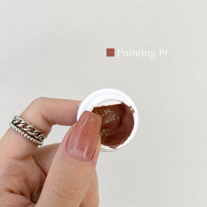 YHH Patting Painting Chrome-Rubbable Pot Gel 5g, shade P19 – chocolate-brown gel pot with painted nail swatch.
