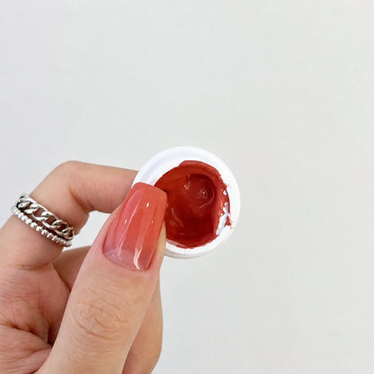 YHH Patting Painting Chrome-Rubbable Pot Gel 5g, shade P20 – brick-red gel pot with painted nail swatch.