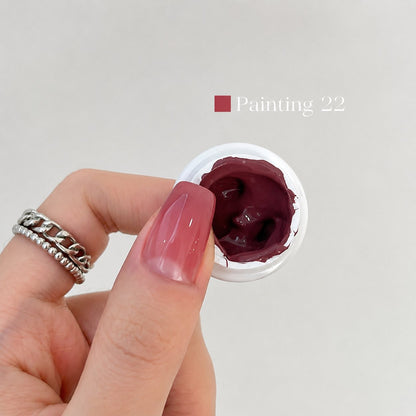 YHH Patting Painting Chrome-Rubbable Pot Gel 5g, shade P22 – deep plum gel pot with painted nail swatch.