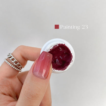 YHH Patting Painting Chrome-Rubbable Pot Gel 5g, shade P23 – berry-wine gel pot with painted nail swatch.