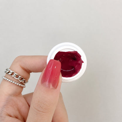 YHH Patting Painting Chrome-Rubbable Pot Gel 5g, shade P24 – deep raspberry gel pot with painted nail swatch.