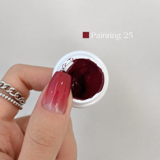 YHH Patting Painting Chrome-Rubbable Pot Gel 5g, shade P25 – deep burgundy gel pot with painted nail swatch.