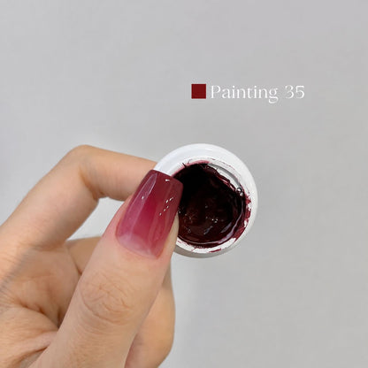 YHH Patting Painting Chrome-Rubbable Pot Gel 5g, shade P35 – very dark burgundy gel pot with painted nail swatch.