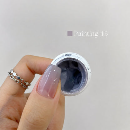 YHH Patting Painting Chrome-Rubbable Pot Gel 5g, shade P43 – slate blue-gray gel pot with painted nail swatch.