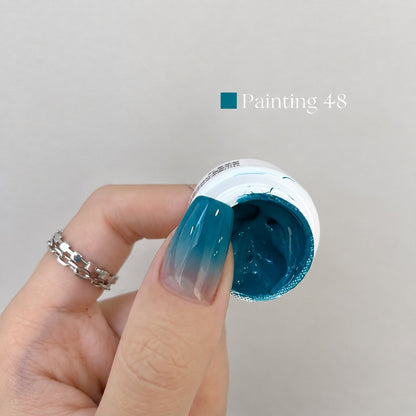 YHH Patting Painting Chrome-Rubbable Pot Gel 5g, shade P48 – teal gel pot with painted nail swatch.