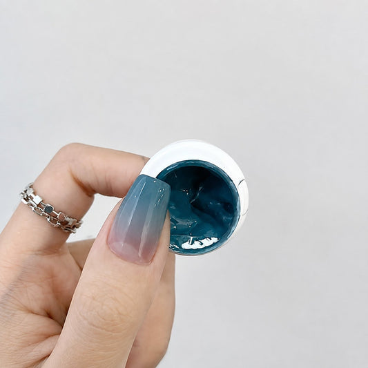 YHH Patting Painting Chrome-Rubbable Pot Gel 5g, shade P49 – deep teal gel pot with painted nail swatch.