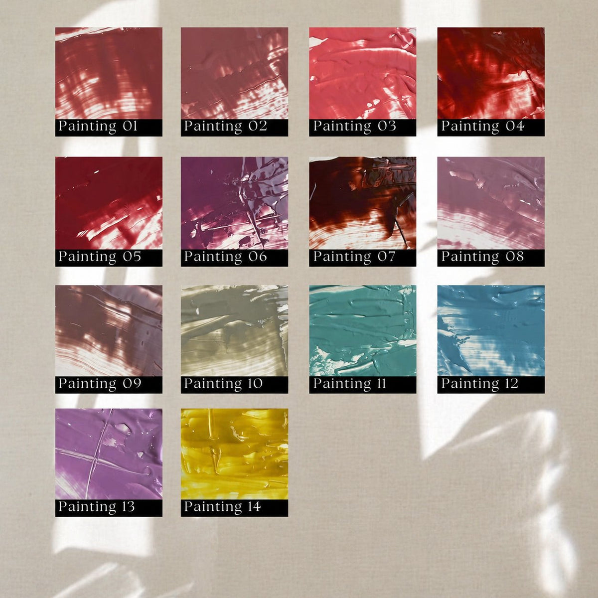 YHH Patting Painting Pot Gel colour chart showing 14 painted shades.