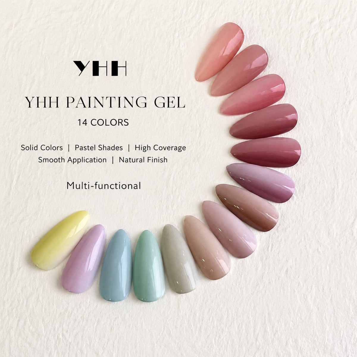 YHH Patting Painting Pot Gel swatch fan showing 14 pastel-to-deep shades.
